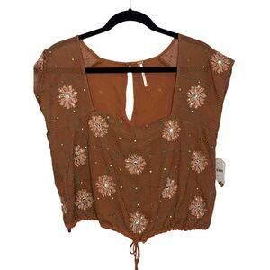 Free People NEW Brown Embroidered Square Neck  Blouse XS SEE DESCRIPTION